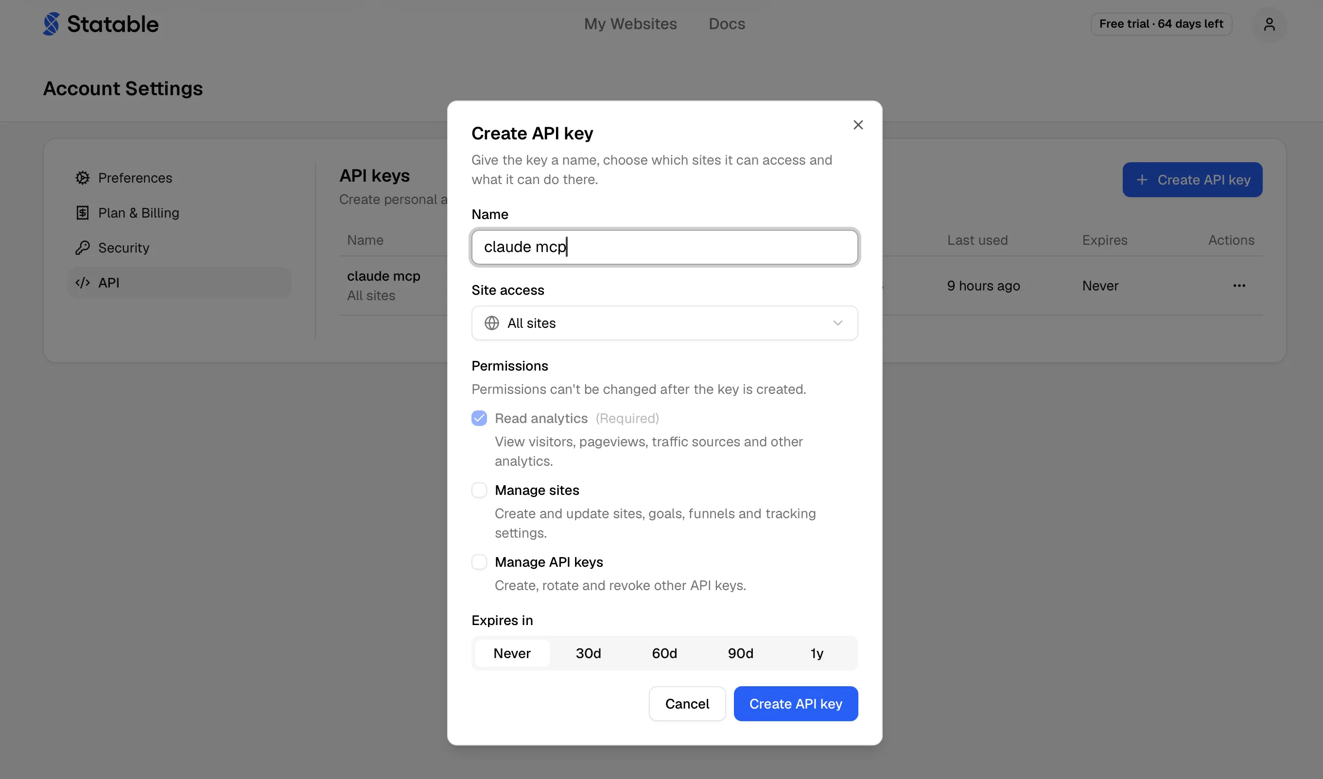 Creating an API key with Read analytics and Manage sites