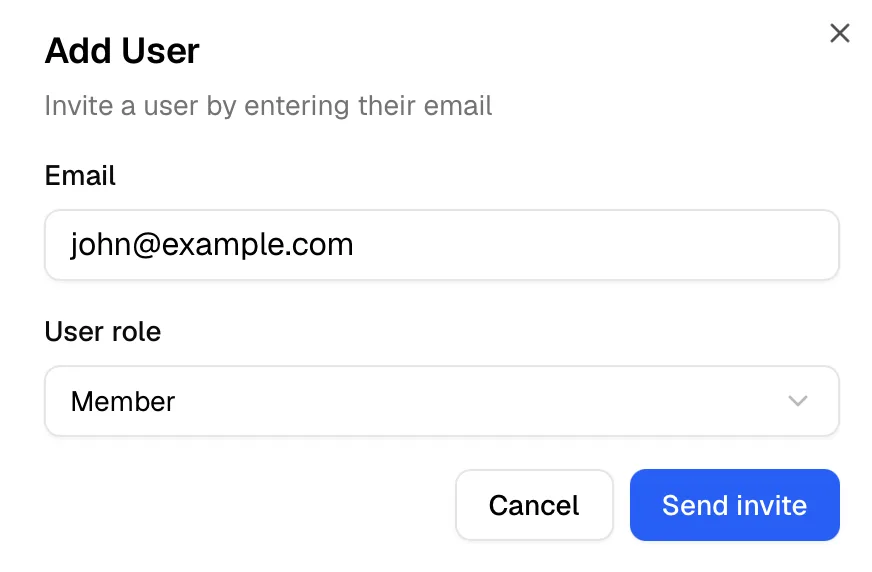 The Add User dialog, with an email field and a User role dropdown set to Member