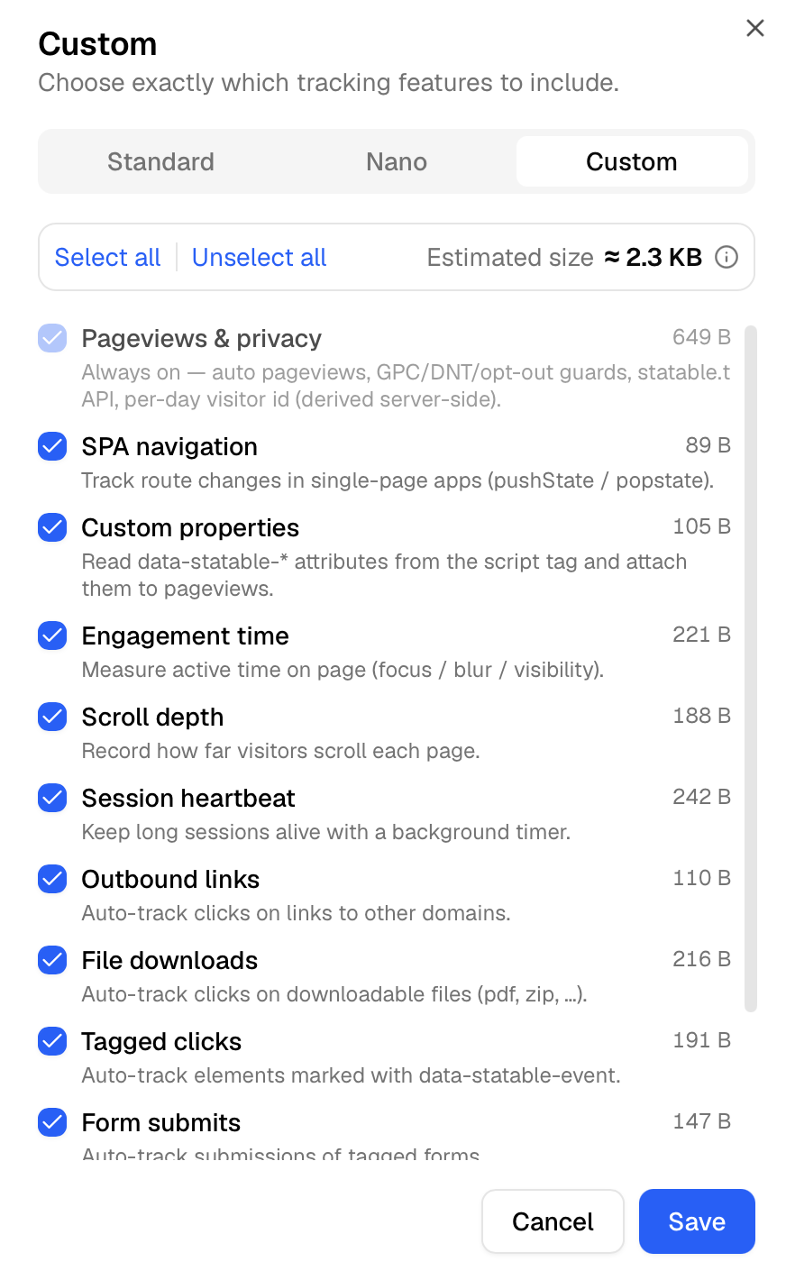 The Custom checklist, with each feature's size and the running total