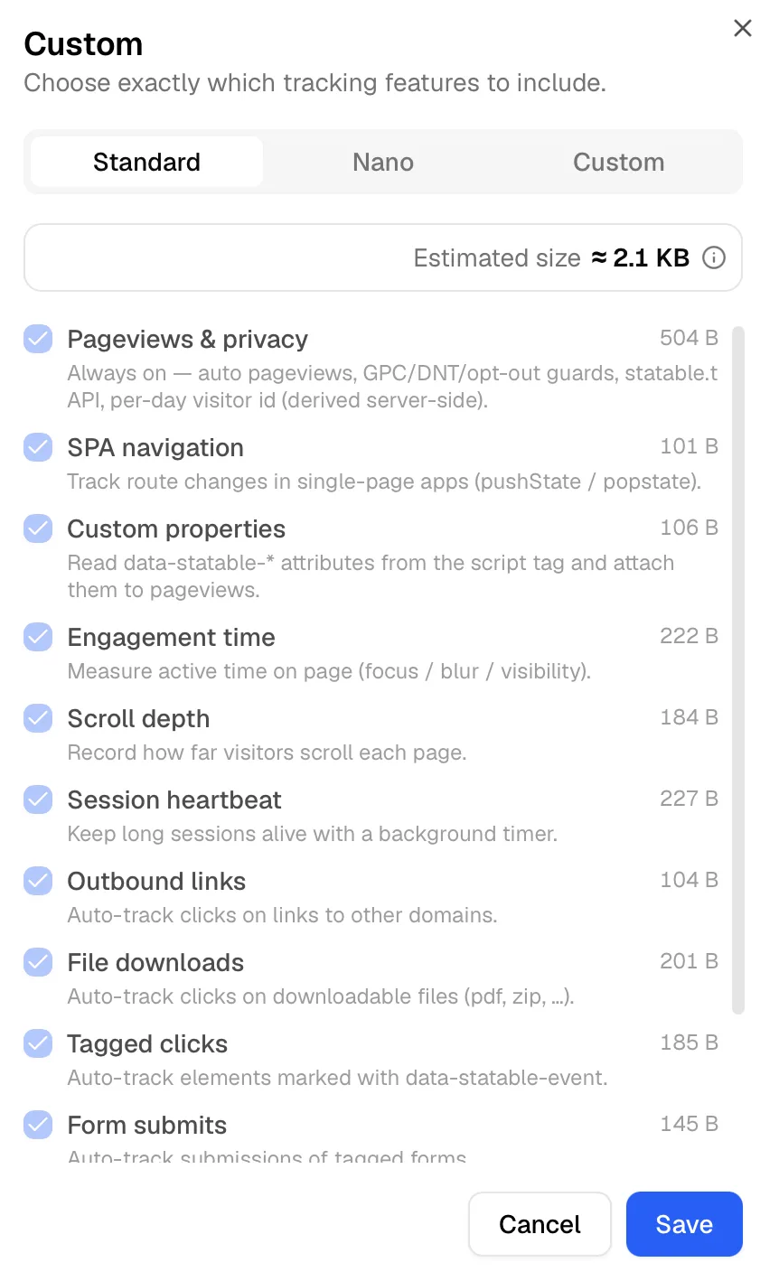 The Custom checklist, with each feature's size and the running total