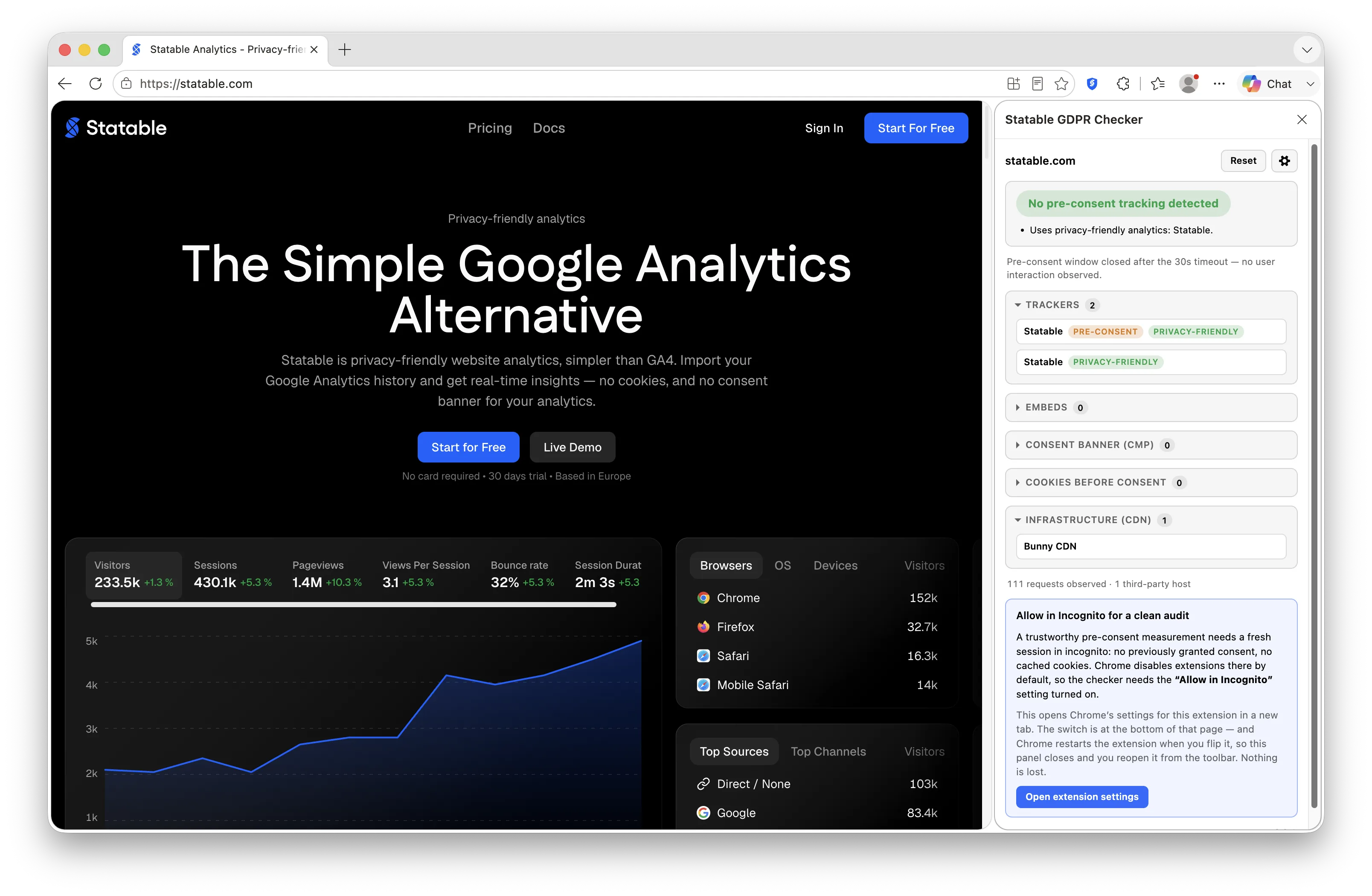 Statable GDPR Checker side panel in Microsoft Edge