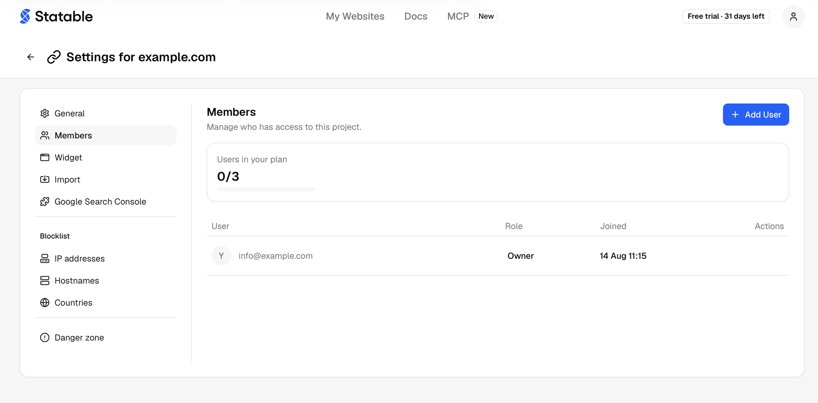 The Members page on a new site: the owner is the only row, and no seats are used