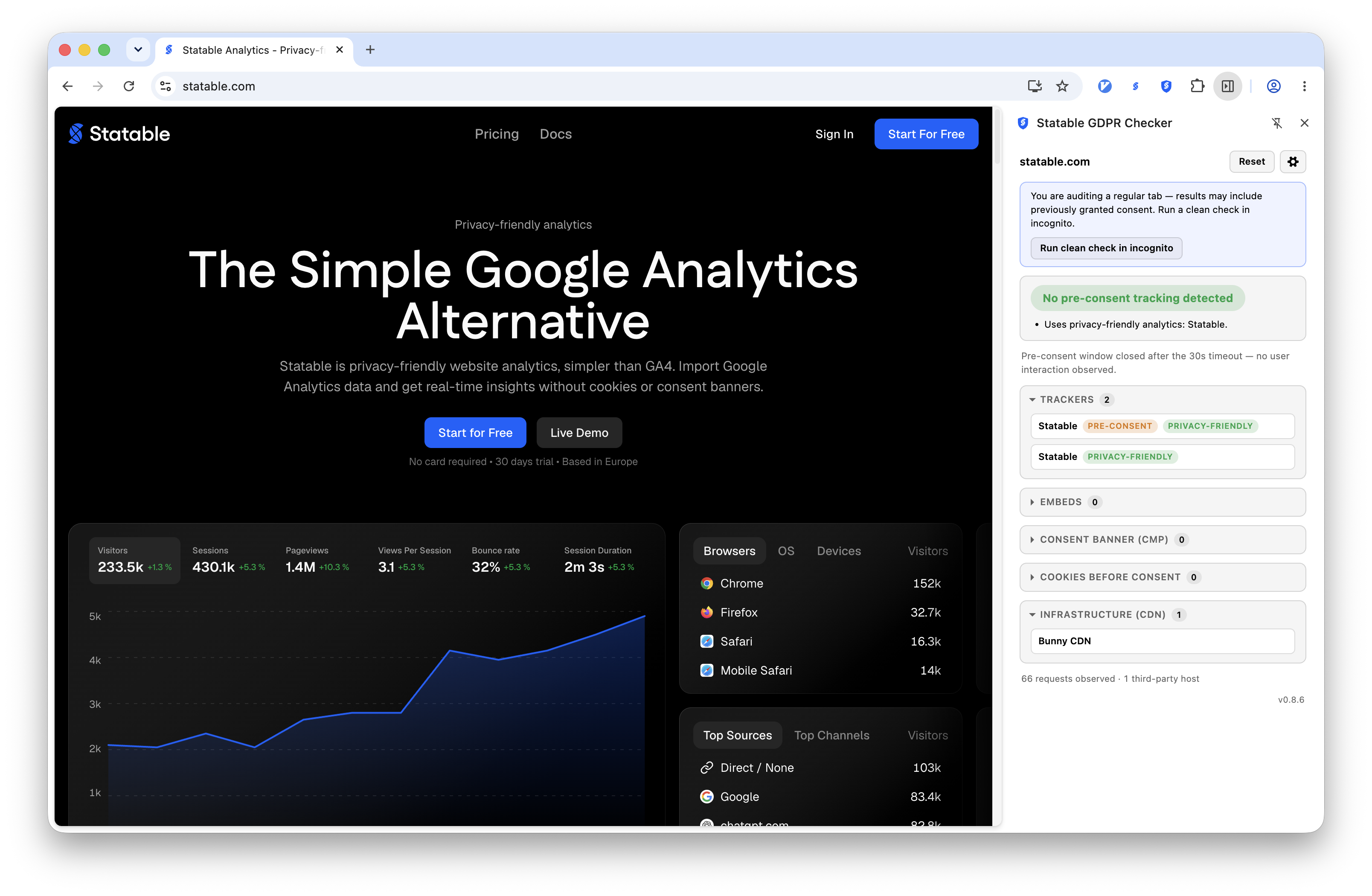 Statable GDPR Checker open beside an audited page in Chrome