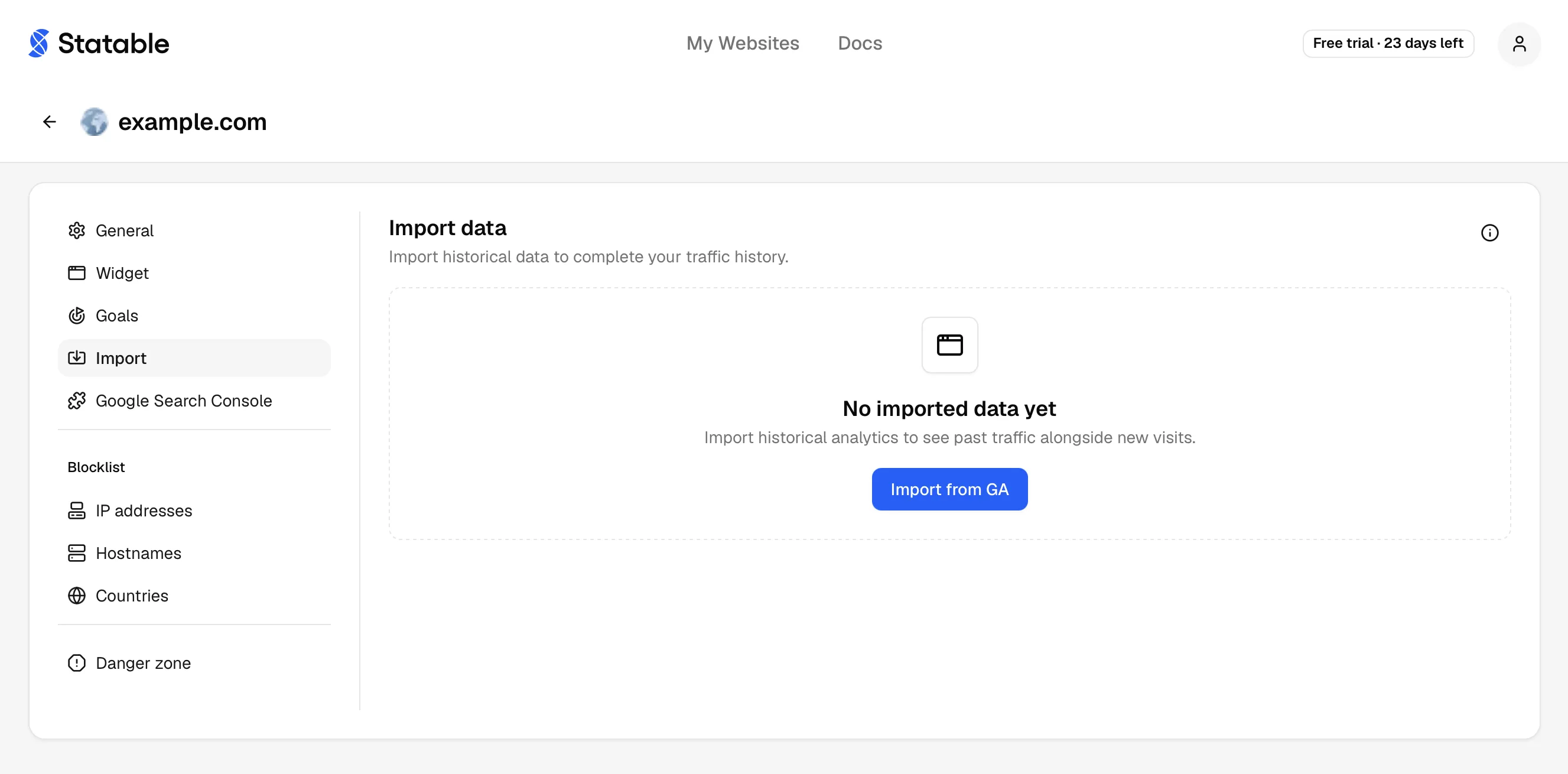 Site settings sidebar with Import highlighted