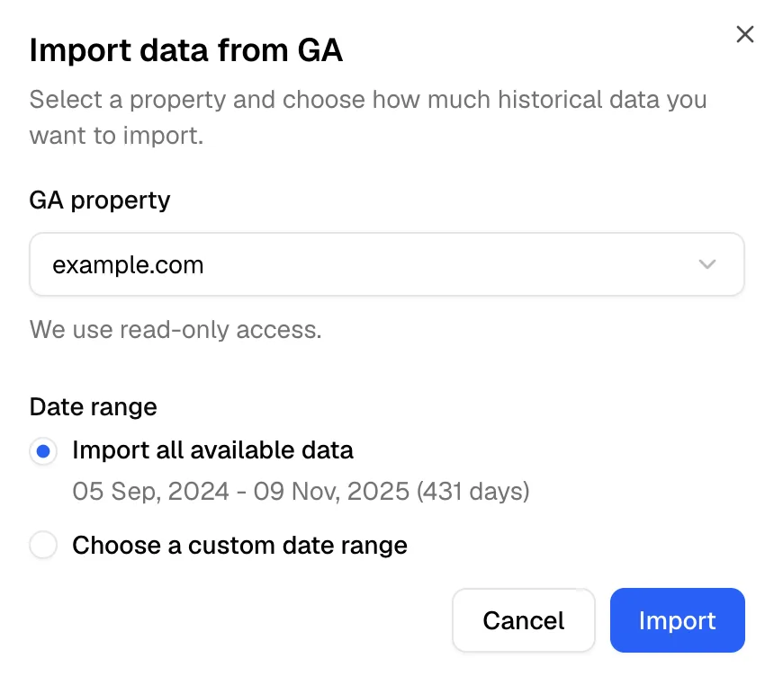 Import dialog with property and date range