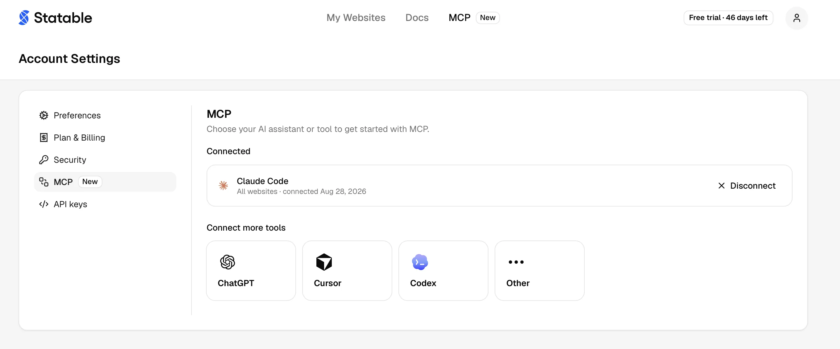 The Connected list in Settings MCP, with Disconnect on a Claude Code connection