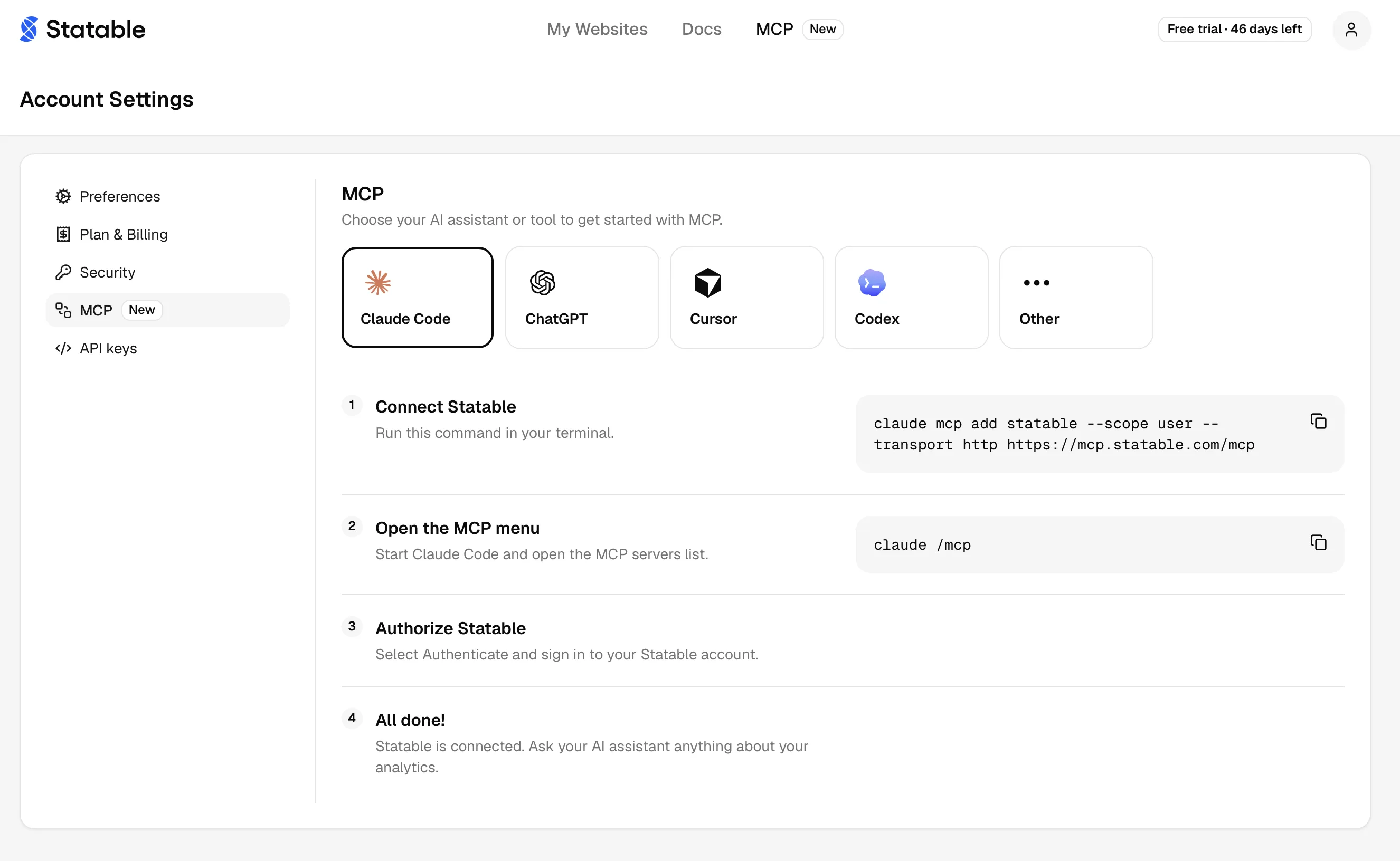 Settings MCP with Claude Code selected