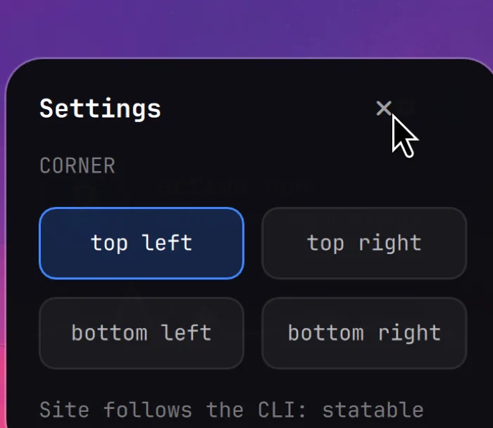 The settings panel on the card, with a corner picker