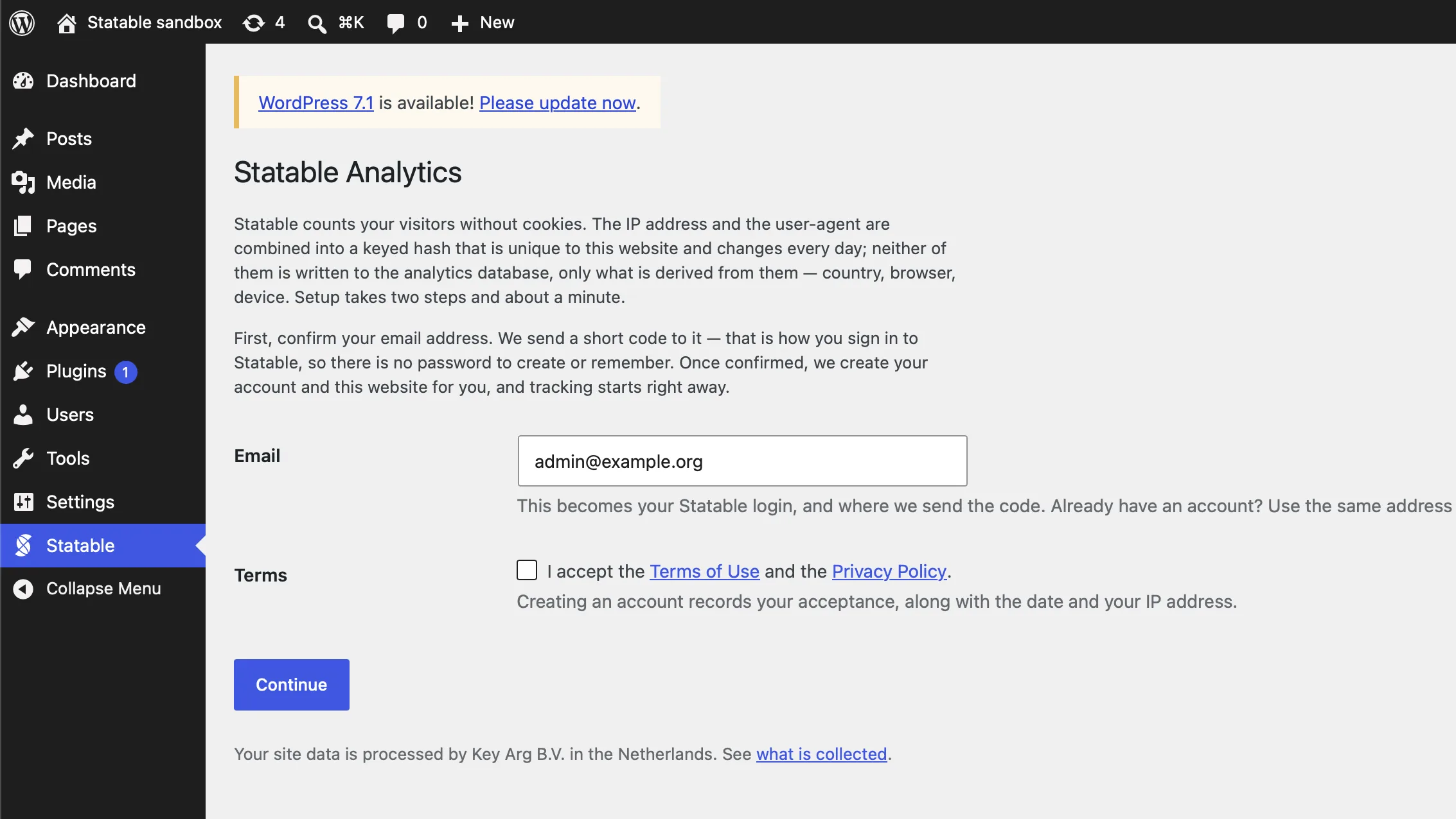 The plugin's connect screen, asking for an email address and acceptance of the Terms