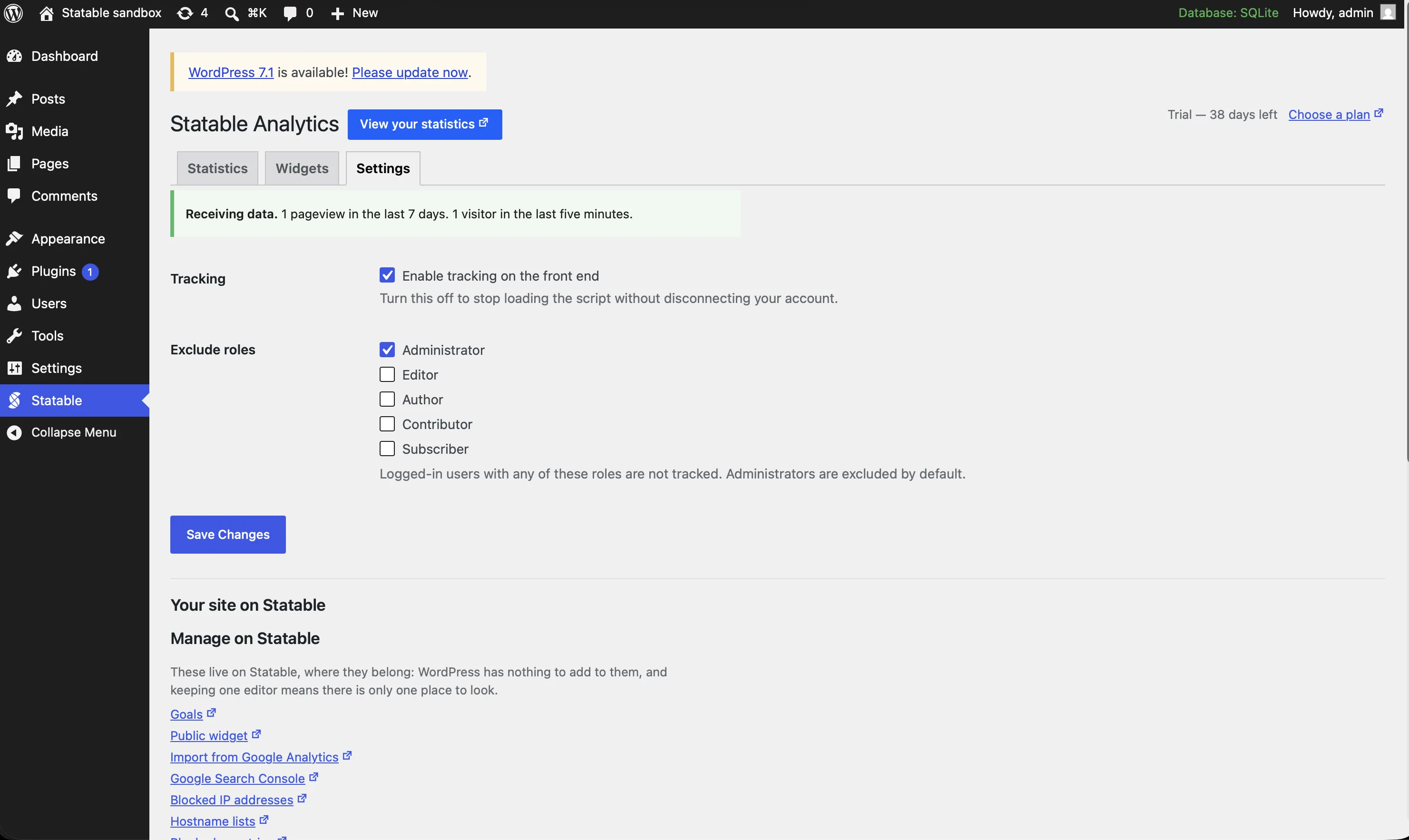 The Settings tab, with the tracking switch, the roles excluded from counting, and links out to Statable