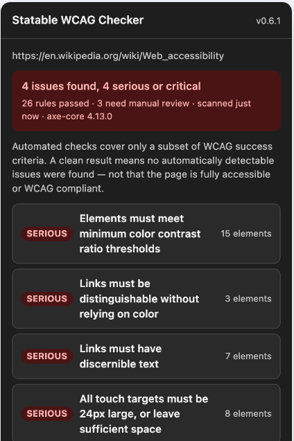 Statable WCAG Checker side panel with a red verdict and its findings