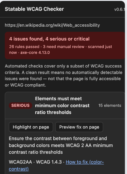 A finding expanded to show its description, WCAG criteria and fix link