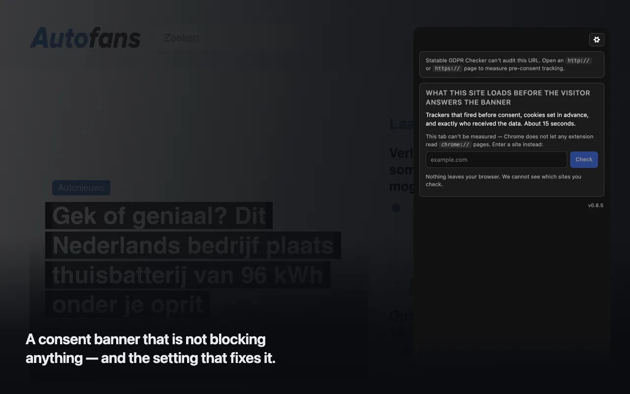 Statable GDPR Checker panel over a dimmed news site: a notice that the extension cannot audit this URL and needs an http:// or https:// page, a field to enter a site with a Check button, and the line Nothing leaves your browser. We cannot see which sites you check.