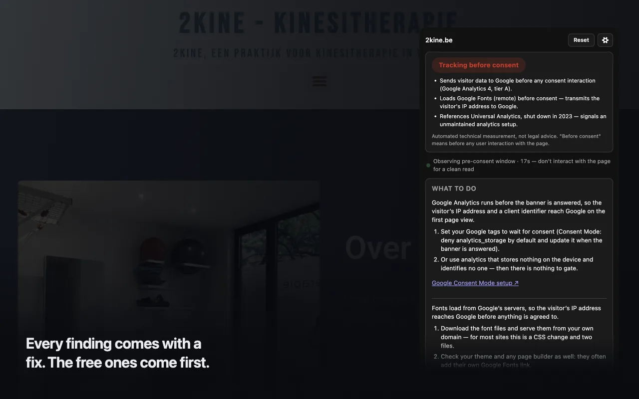 Statable GDPR Checker panel with a red verdict and a What To Do section: numbered steps to configure Google Consent Mode or switch to analytics that stores nothing, a link to Google's Consent Mode setup, and instructions to self-host Google Fonts
