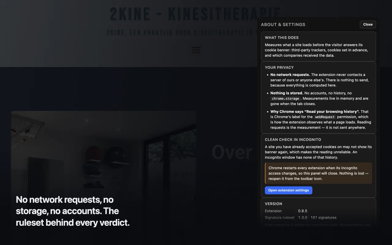 Statable GDPR Checker About and Settings view: What this does, Your privacy with no network requests and nothing stored, a Clean check in incognito section with an Open extension settings button, and the extension and signature ruleset versions