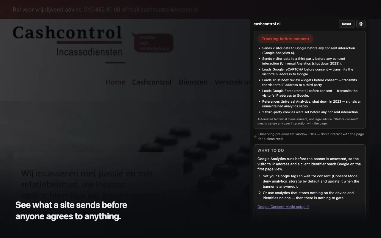 Statable GDPR Checker panel showing the red verdict Tracking before consent with seven reasons listed, including Google Analytics 4, Universal Analytics, Google reCAPTCHA, a Trustindex widget, remote Google Fonts and two third-party cookies, followed by the not-legal-advice disclaimer