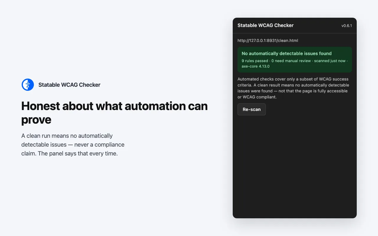 Statable WCAG Checker panel with a green verdict reading No automatically detectable issues found, nine rules passed, and the note that automated checks cover only a subset of WCAG success criteria.