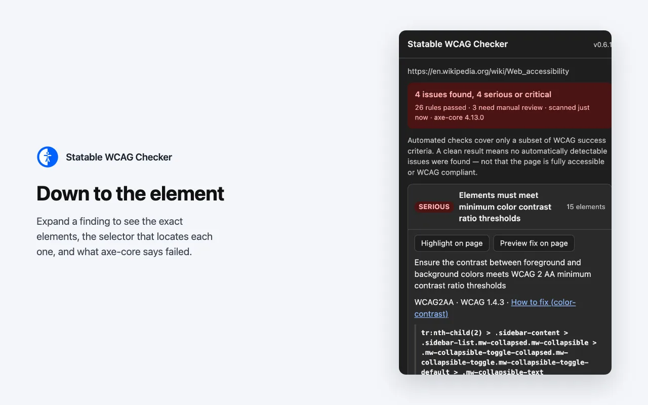 A color contrast finding expanded in the Statable WCAG Checker panel. Buttons read Highlight on page and Preview fix on page, followed by the rule description, the tags WCAG2AA and WCAG 1.4.3 with a How to fix link, and a CSS selector pointing at a collapsible sidebar element.